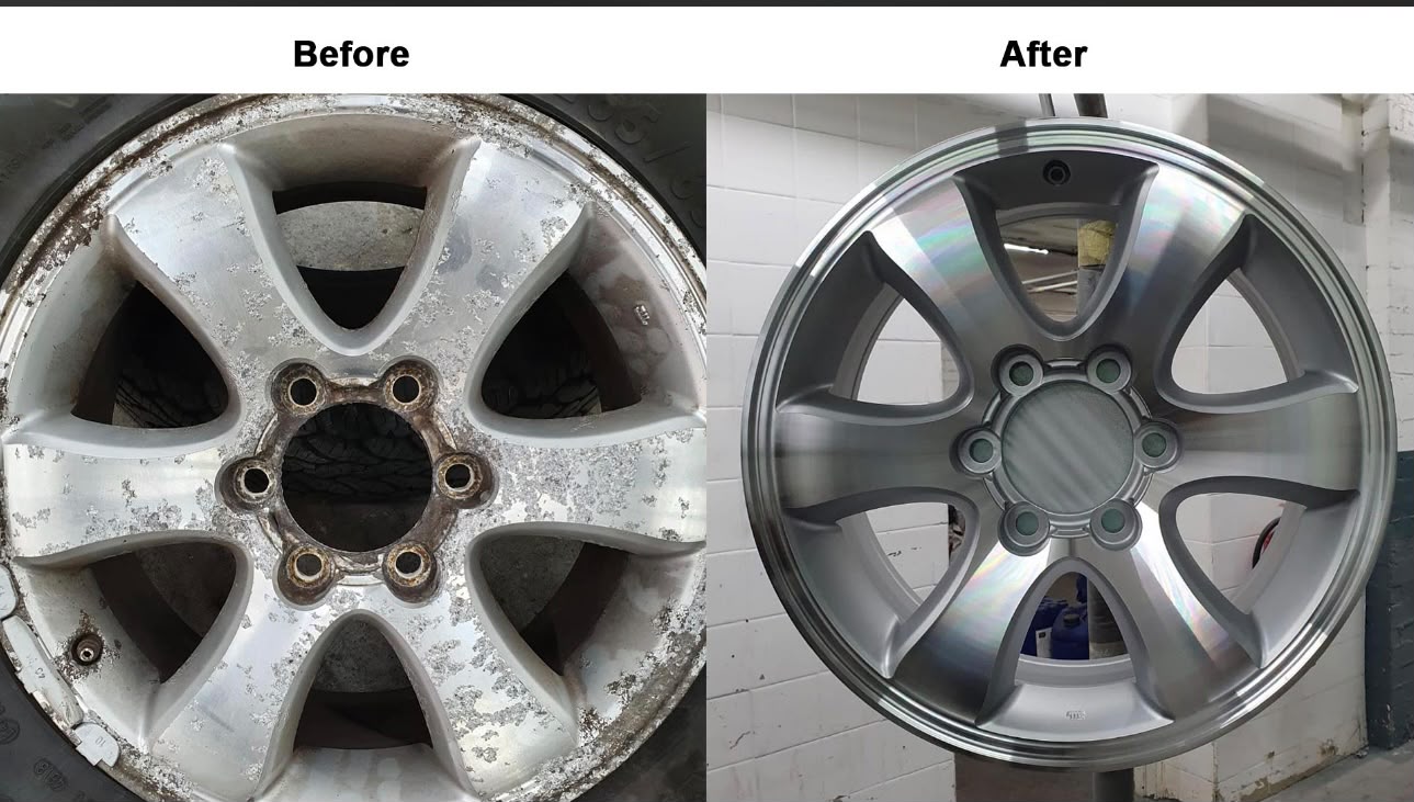 Silver five-spoke alloy: corroded, pitted face on the left, refinished silver on the right
